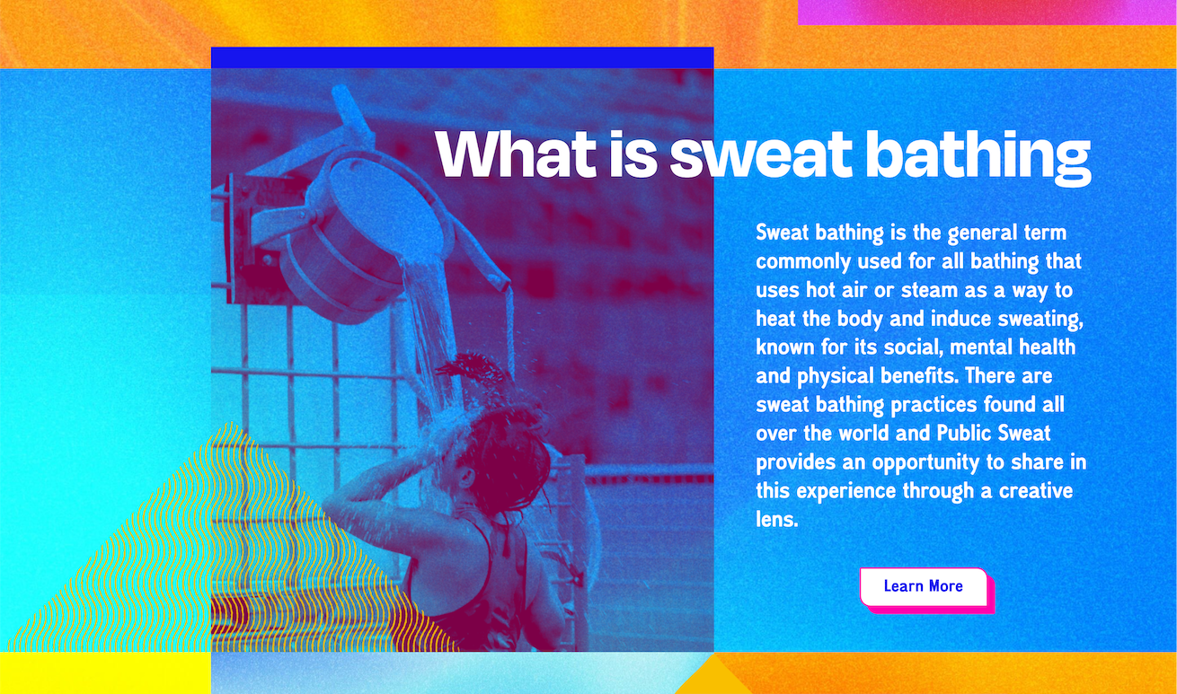 A person warming themselves under a waterfall at a water park, with colorful abstract shapes and a text overlay about sweat bathing.