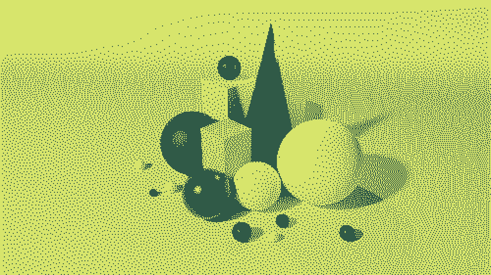Abstract composition with black and yellow circles and a black arrow pointing upward on a yellow background with a halftone dot pattern.