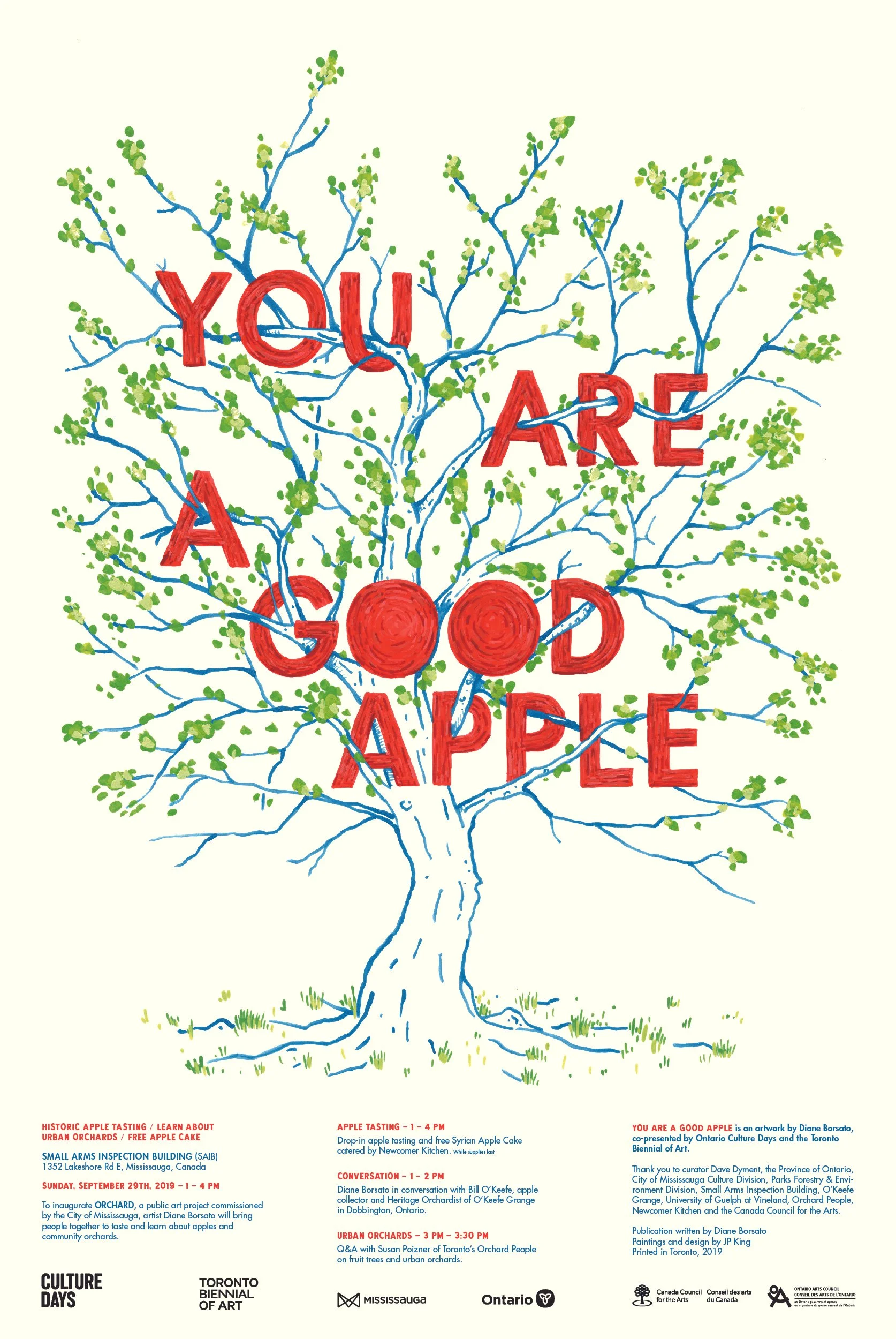 A poster of a tree with green leaves and blue branches, with the phrase 'You are a good apple' written across the branches in red letters and apples.