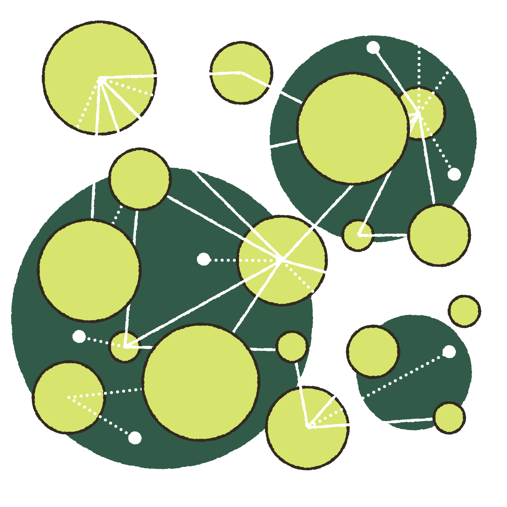 Illustration of interconnected circles, lines, and nodes in yellow and green on a black background, representing a network or data visualization.