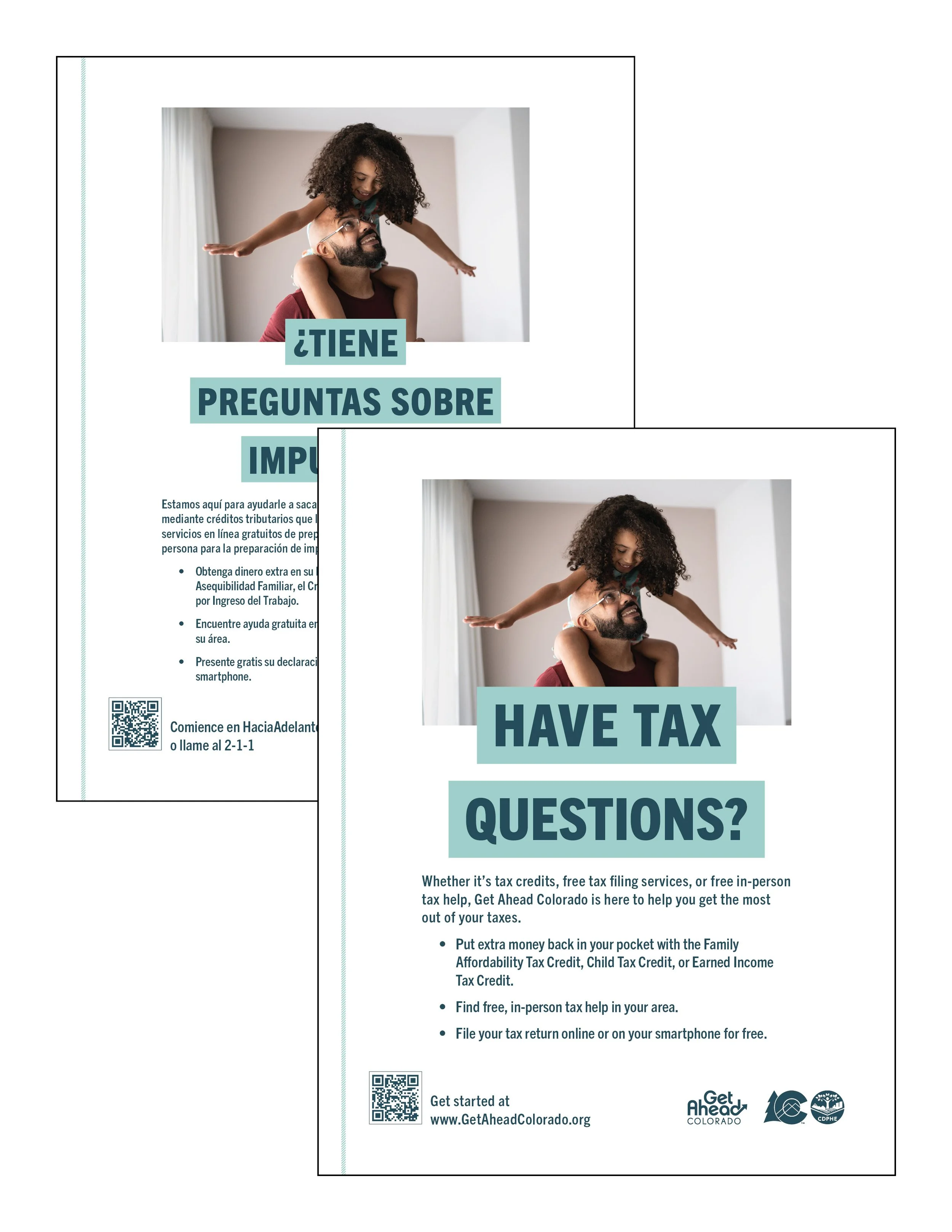 Flyers promoting tax assistance services, featuring a photo of a dad and daughter playing, with text about tax questions and help available.