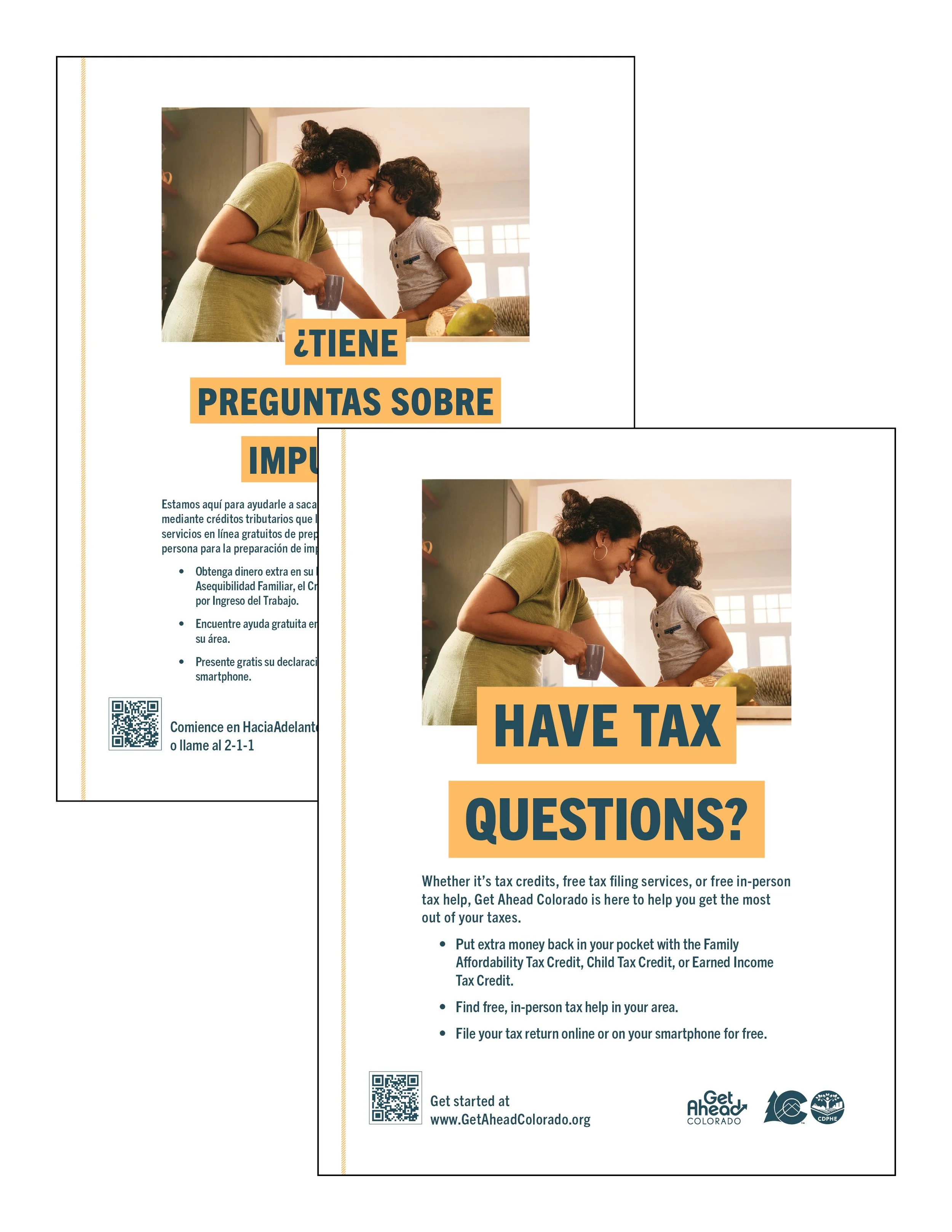 Flyer with a photo of a mother and child touching foreheads, smiling and holding mugs, promoting tax assistance services, with the headline 'HAVE TAX QUESTIONS?'