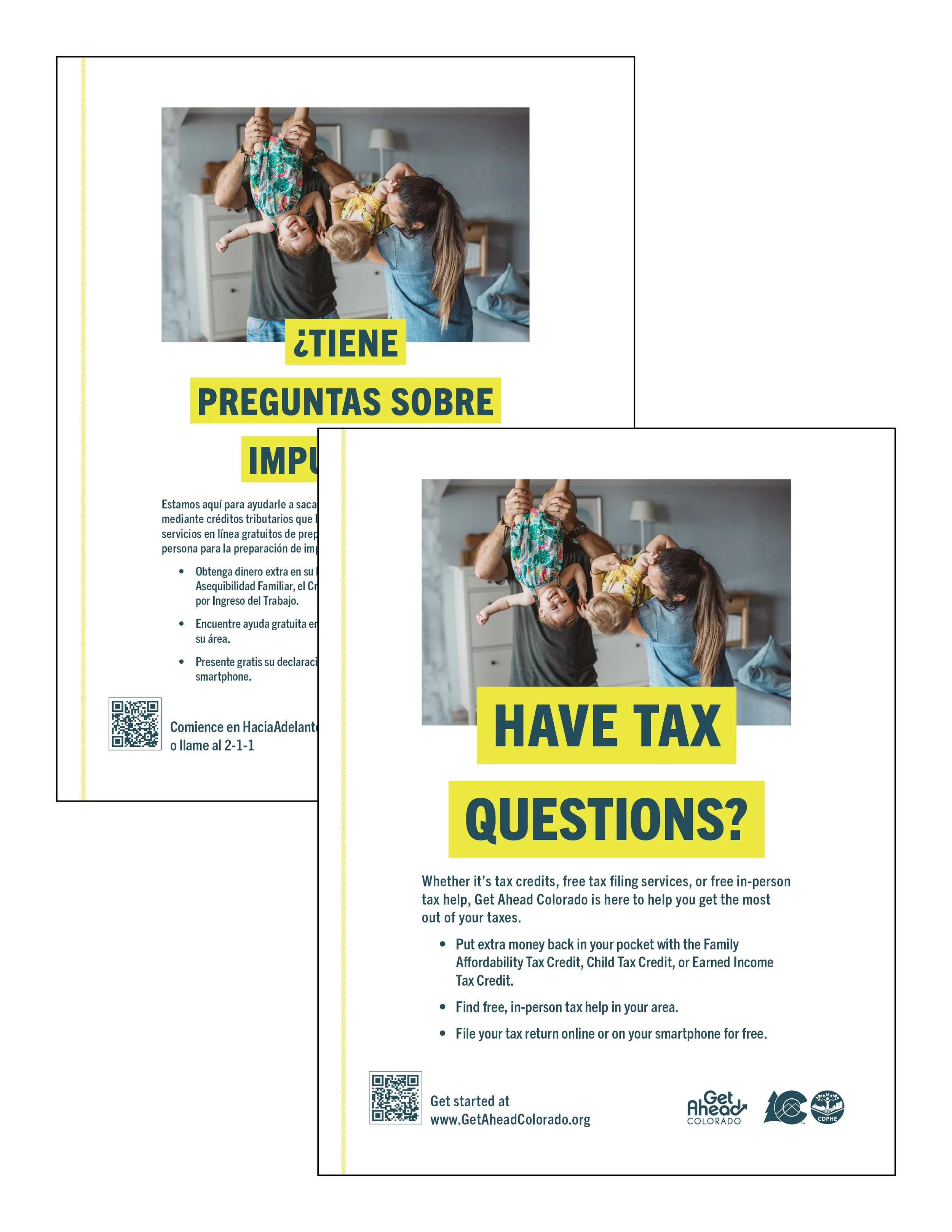 Flyer with a photo of a family playing and hanging upside down. Text on flyer includes "¿Tienes preguntas sobre impuestos?" and "Have tax questions?" with details about free tax help services.