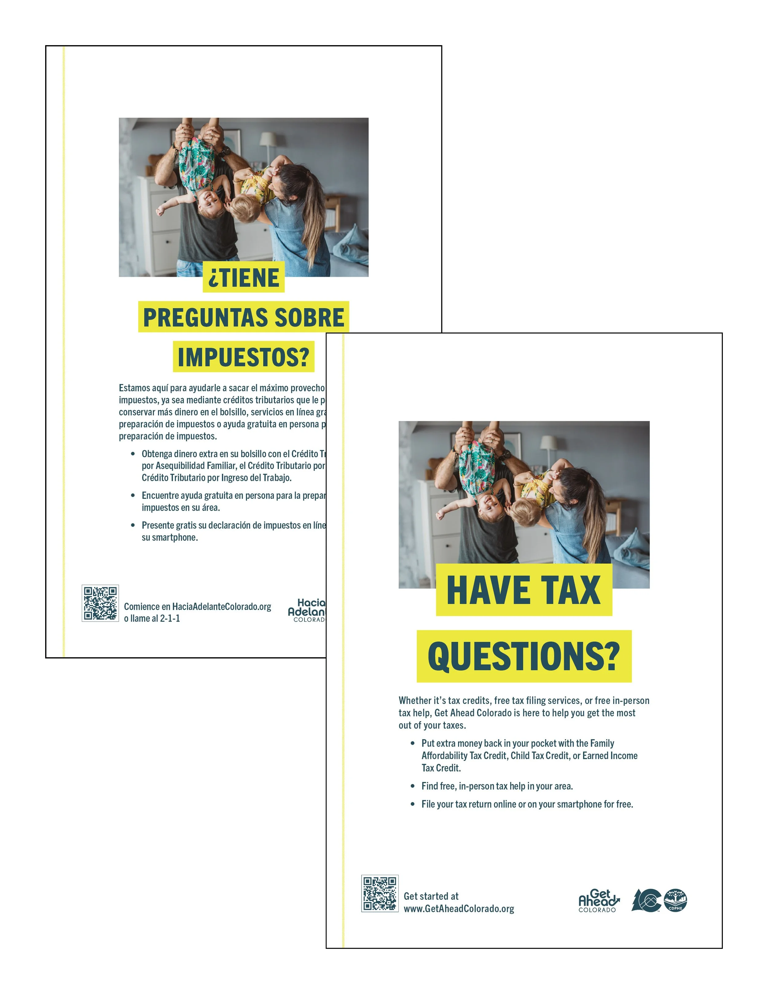 Flyers offering assistance with taxes, featuring a photo of a family playing together, with text in both Spanish and English about tax questions and services.
