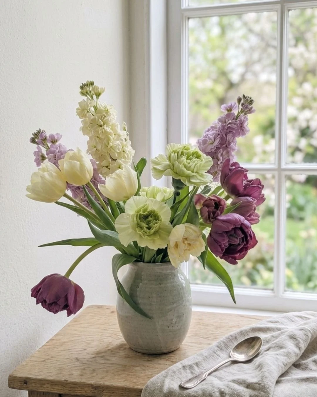 Soft spring floral arrangement with tulips and seasonal stems in butter yellow, lilac, and plum, designed in a neutral ceramic vase by CocoFleur Brooklyn.