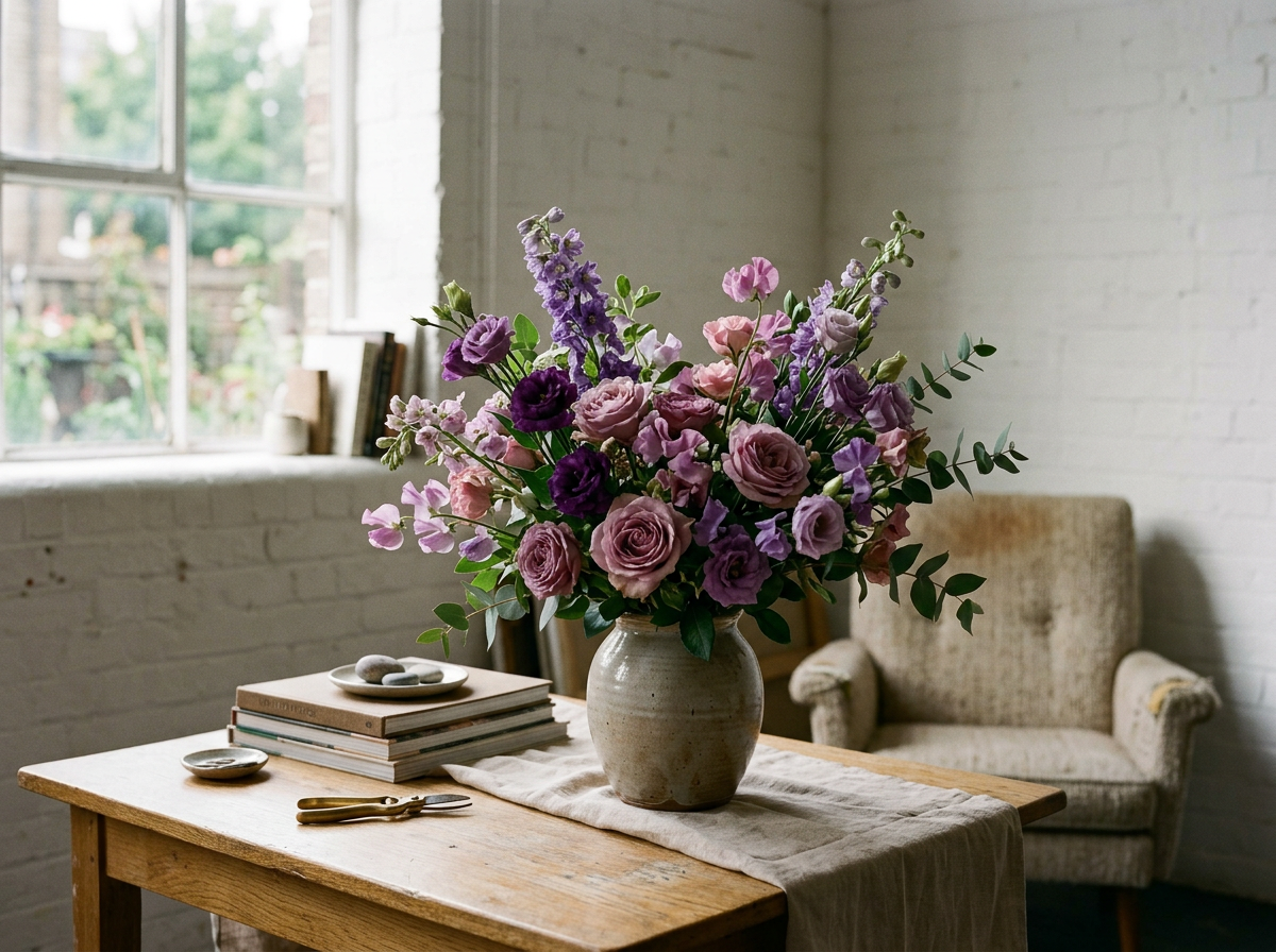 purple and blush floral arrangement in ceramic vase on a linen-covered table.