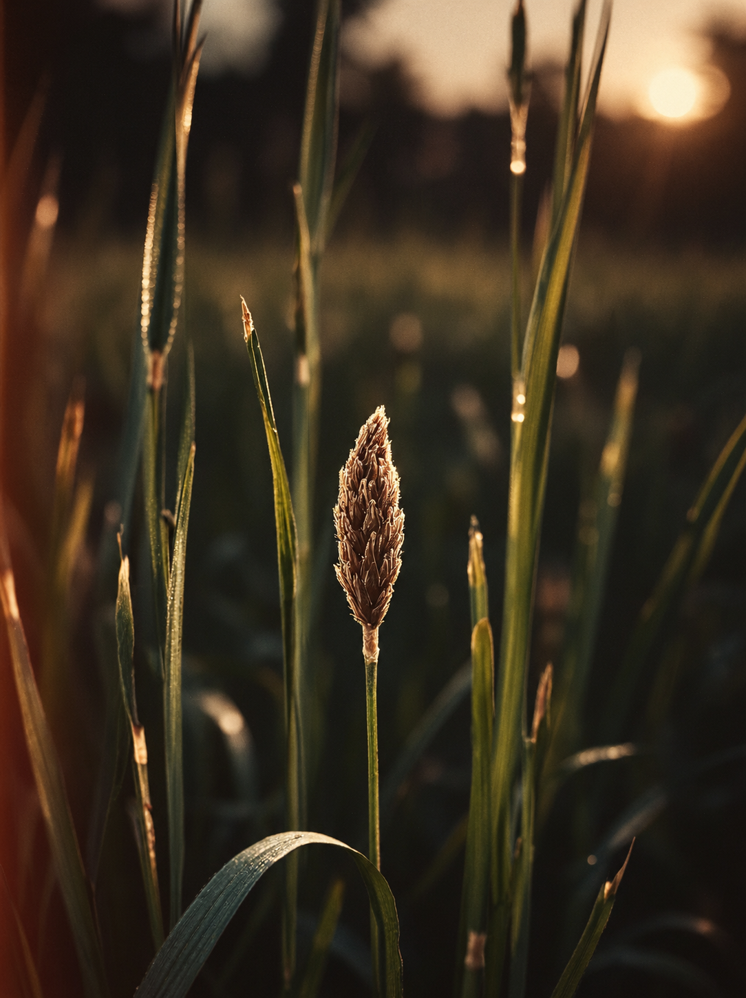 Autumn grasses and seed heads illuminated by low golden light