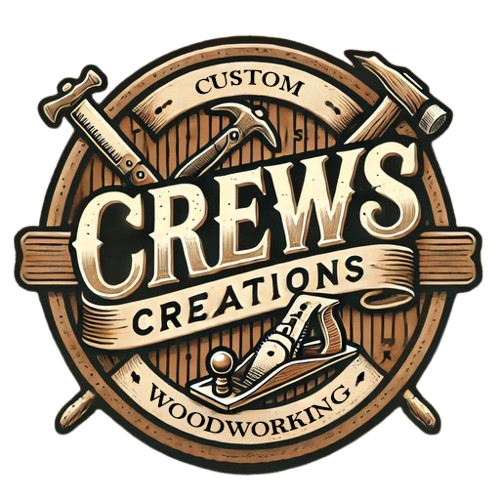 Logo for Crews Creations, a woodworking business, featuring a circular wood background with tools like hammer, saw, chisel, and screwdriver, and the words "Custom" and "Woodworking".