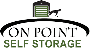 Logo for On Point Self Storage featuring a black dog, a storage unit, and the company name.
