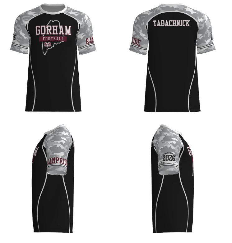 A black football jersey with gray camouflage sleeves, featuring the words 'GORHAM FOOTBALL' and an outline of the state of New Hampshire with a heart and the word 'Rams' on the front. The back has 'TABACHNICK' in white, and the left sleeve has 'BAMPRIDGE', while the right sleeve has '2026' in black.