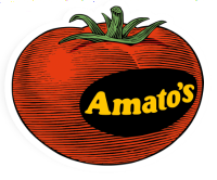 Logo of Amato's featuring an illustrated tomato with the brand name in a black oval.