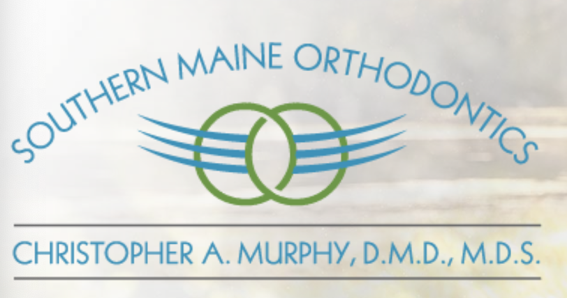 Logo for Southern Maine Orthodontics featuring two interlocking green rings and blue lines, with the practice name and doctor information.