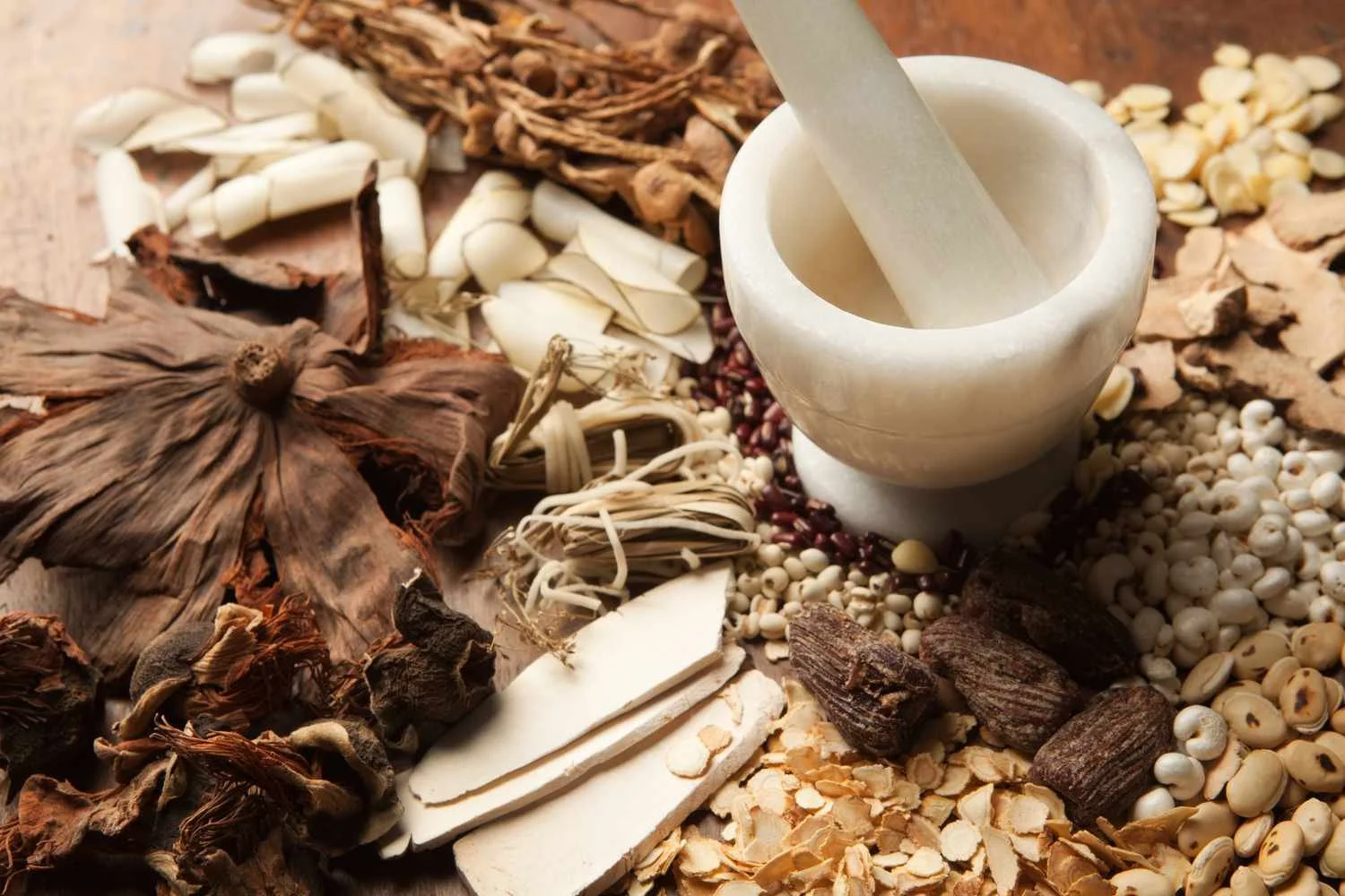 Various traditional medicinal herbs and roots surrounding a mortar and pestle on a wooden surface.