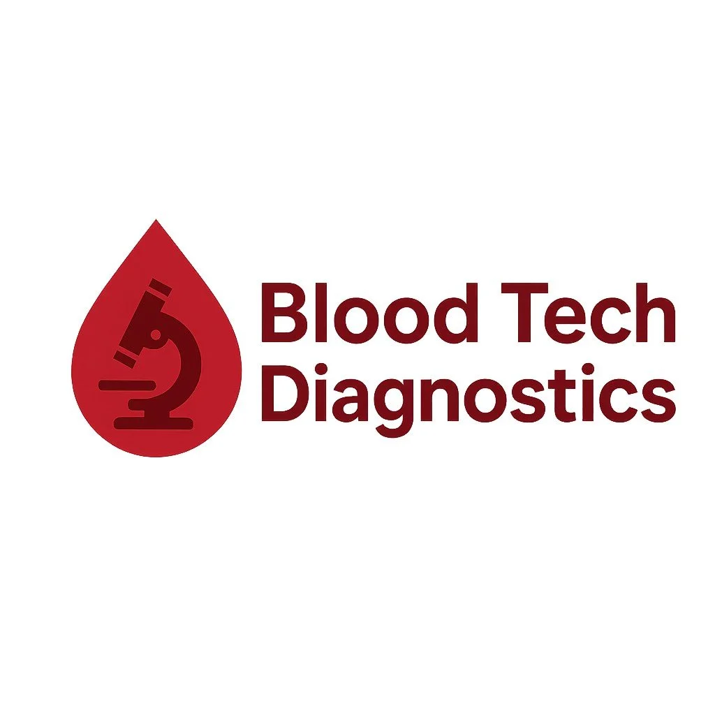Logo for Blood Tech Diagnostics featuring a red drop with a microscope inside and the company name in bold maroon text.