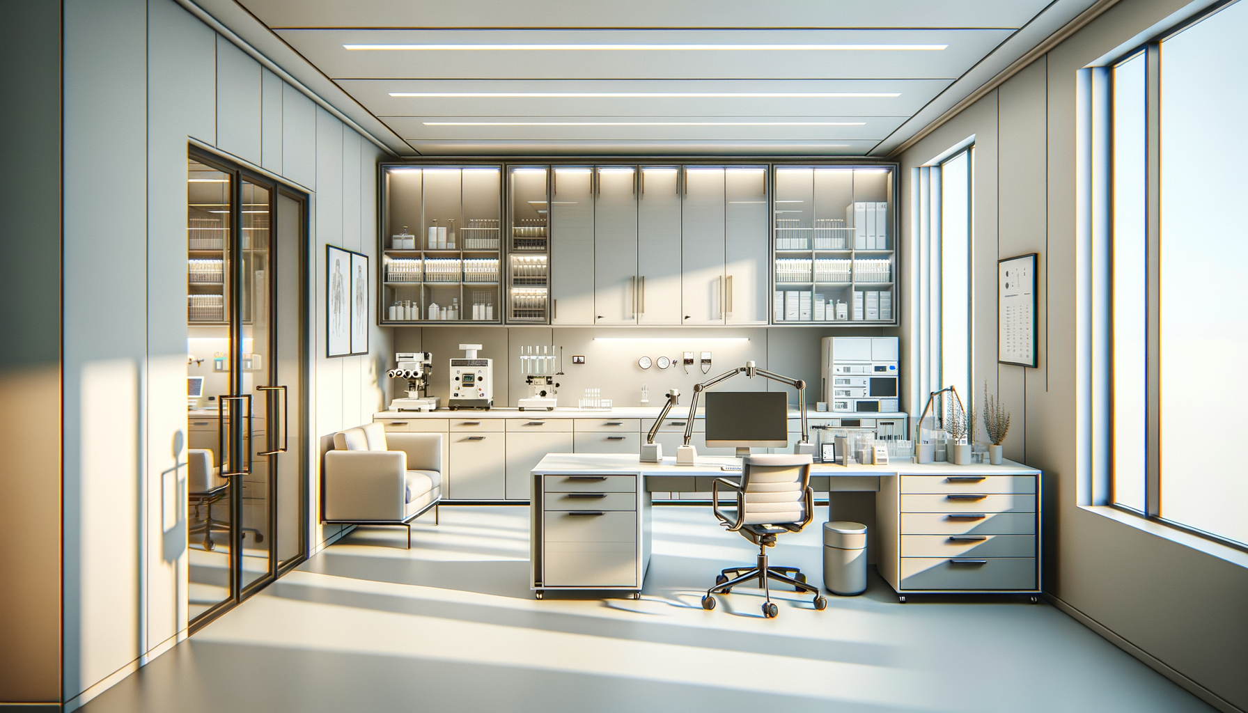 Modern laboratory with white cabinets, scientific equipment, and a desk with a computer near large windows letting in natural light.