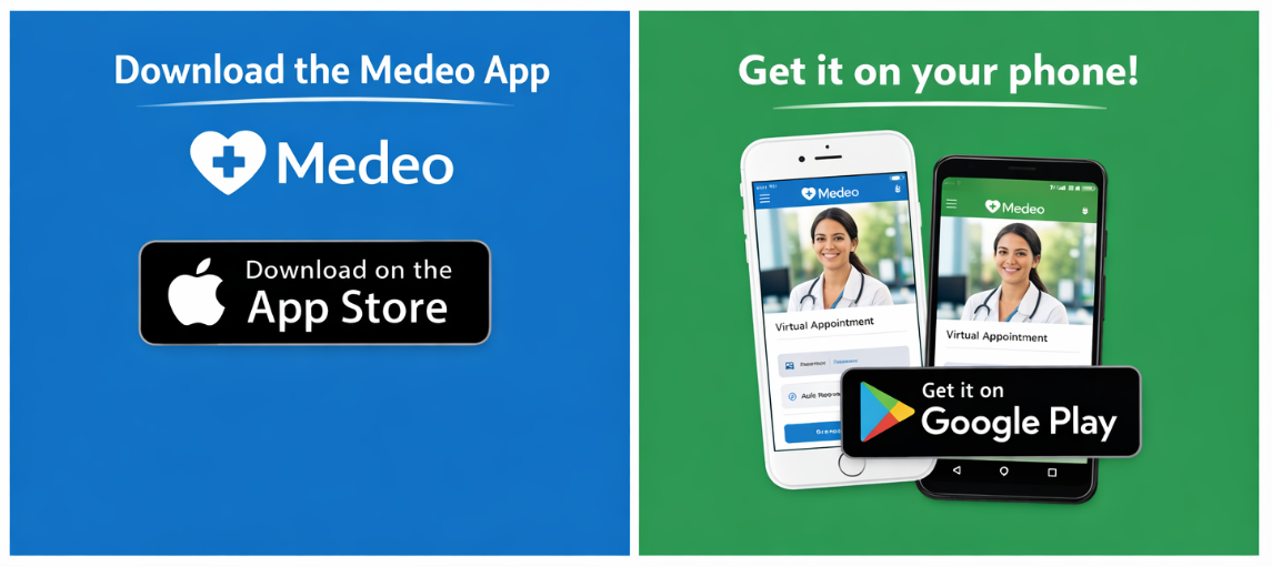 Advertisement for Medeo app, with download options for the App Store on the left and Google Play on the right. The left side is blue and features the Medeo logo and a black download icon. The right side is green and shows two smartphones with a smiling female doctor on the screens, along with the Google Play badge.