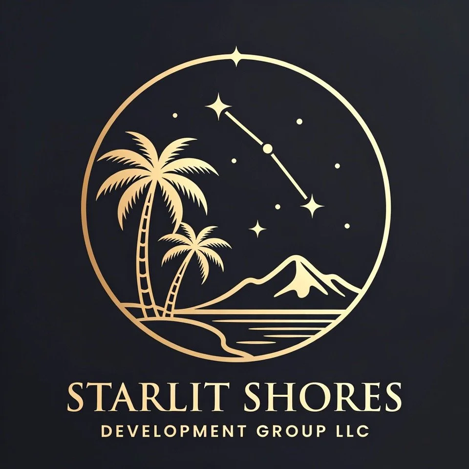 Stylized logo with a sunset or night scene featuring two palm trees, a mountain, a body of water, and a starry sky with a constellation, with the text "Starlit Shores Development Group LLC" below.