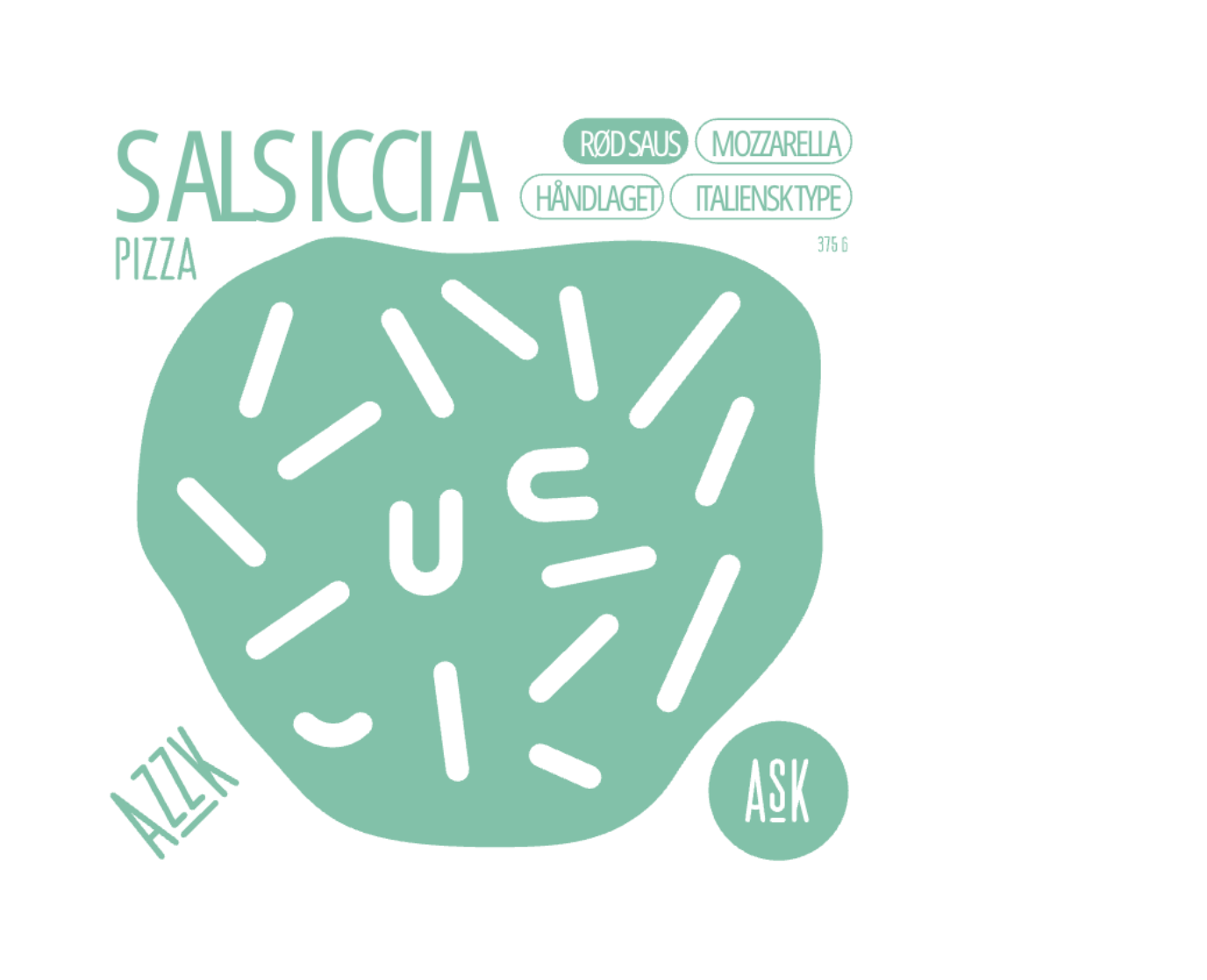 A stylized illustration of a pizza with a green background and white toppings, featuring text labels in Danish describing ingredients like sausage, mozzarella, hand-tossed, and Italian type, with the words 'Pizza', 'Salsiccia', 'Alzik', and 'Ask' in different places around the image.