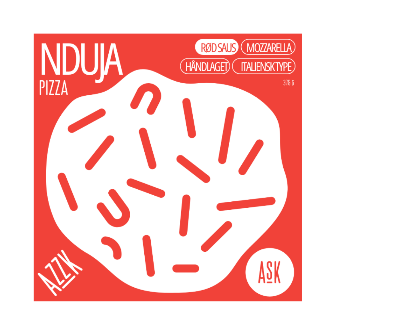 Red pizza box with white illustration of pepperoni slices, the words 'NDUJA PIZZA' in large white letters, and smaller text including 'RØDSAUS MOZZARELLA HÅNDLAGET ITALIENSKYPEK', '375 g', 'AZIK', and 'ASK'.