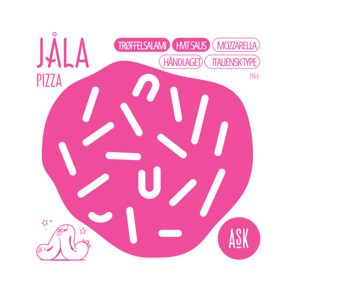A pink cartoon-style illustration of a pizza with sprinkles, labeled as Jäla pizza, with various toppings including truffle salami, ham sausage, mozzarella, artisanal, and Italian style, with a small drawing of breasts at the bottom left and a pink circle with the word ASK at the bottom right.