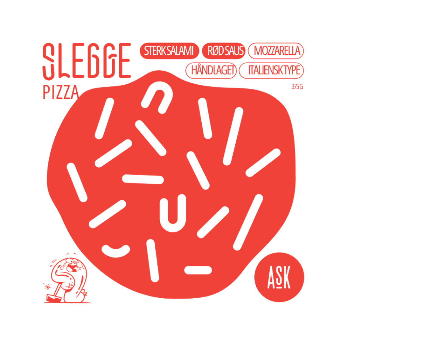 Red pizza box with an illustration of a tomato topped with white sprinkles and cartoon character on the lower left corner. Text on the box indicates it is a Sledge pizza with ingredients including sterksalami, røds saus, mozzarella, håndlaget, italiensk type, along with an ASK button.
