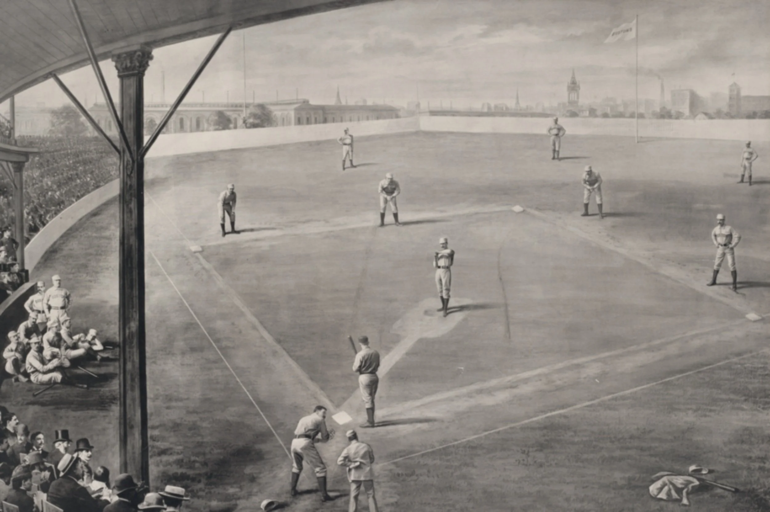 An old black-and-white illustration of a baseball game with players on the field, spectators in the stands, and a city skyline in the background.