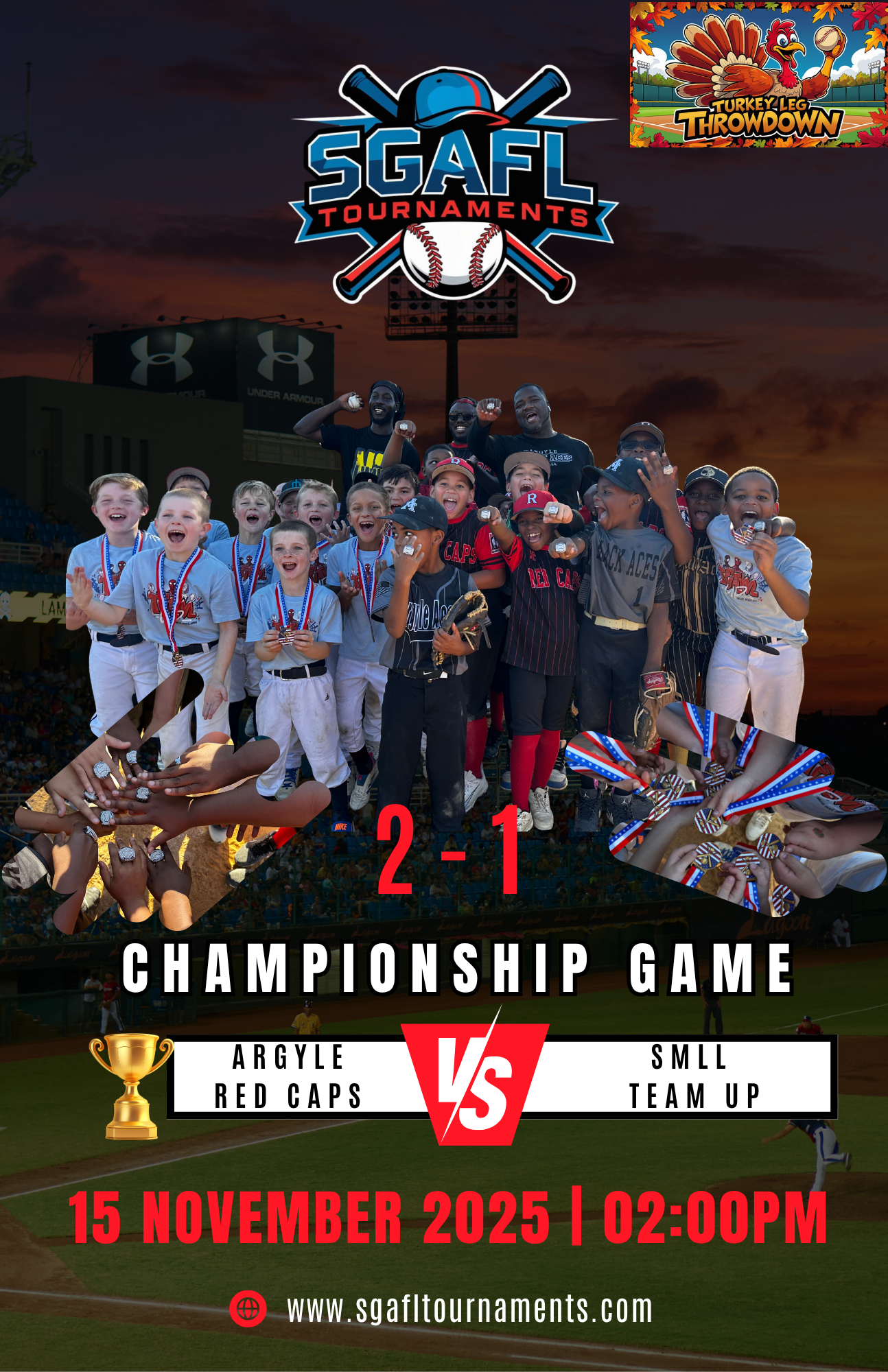Poster advertising the SGAF tournaments championship game, featuring a crowd of young baseball players celebrating, with the game details, date, and time. The background shows a baseball stadium at sunset.