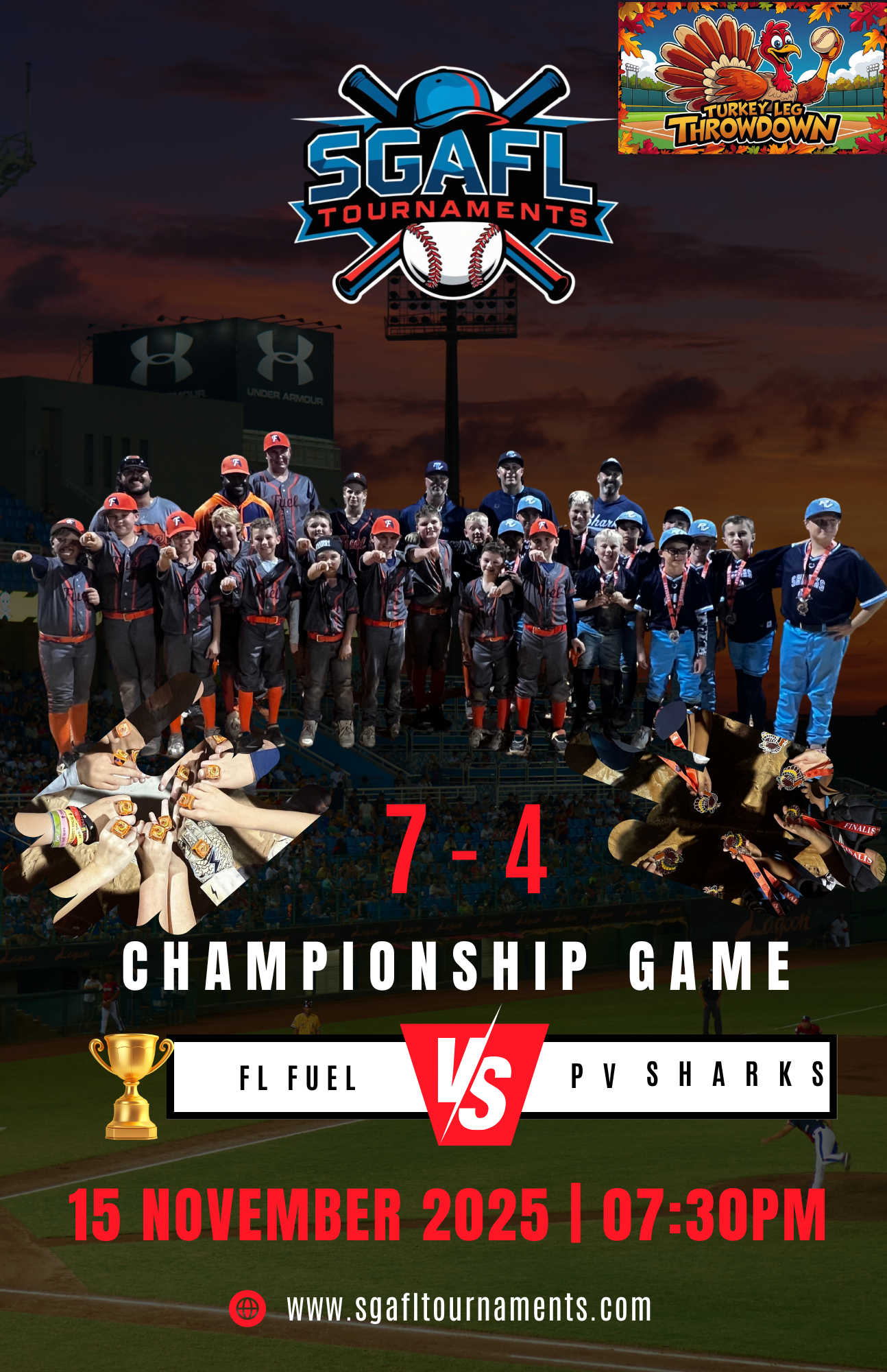 Poster for SGAF tournaments featuring a baseball game between FL Fuel and PV Sharks, with a score of 7-4. The event is scheduled for November 15, 2025, at 7:30 PM. The poster displays a photo of a youth baseball team in uniform, a trophy icon, and images of medals. The background depicts a baseball stadium at sunset.