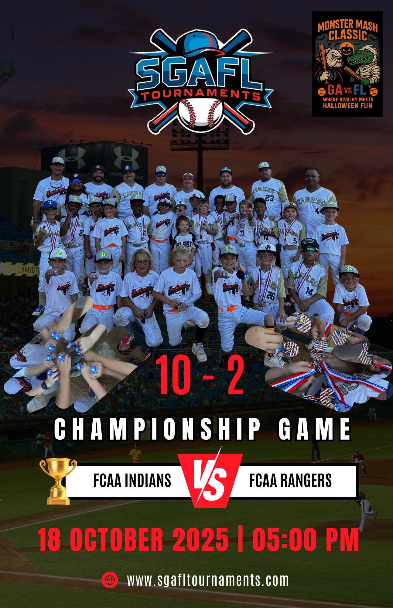 Poster for SGAF tournaments featuring a group of young baseball players and coaches at a baseball stadium during sunset. The poster includes event details: championship game on October 18, 2025, at 5:00 PM, between FCA Indianas and FCA Rangers, with a website link at the bottom.