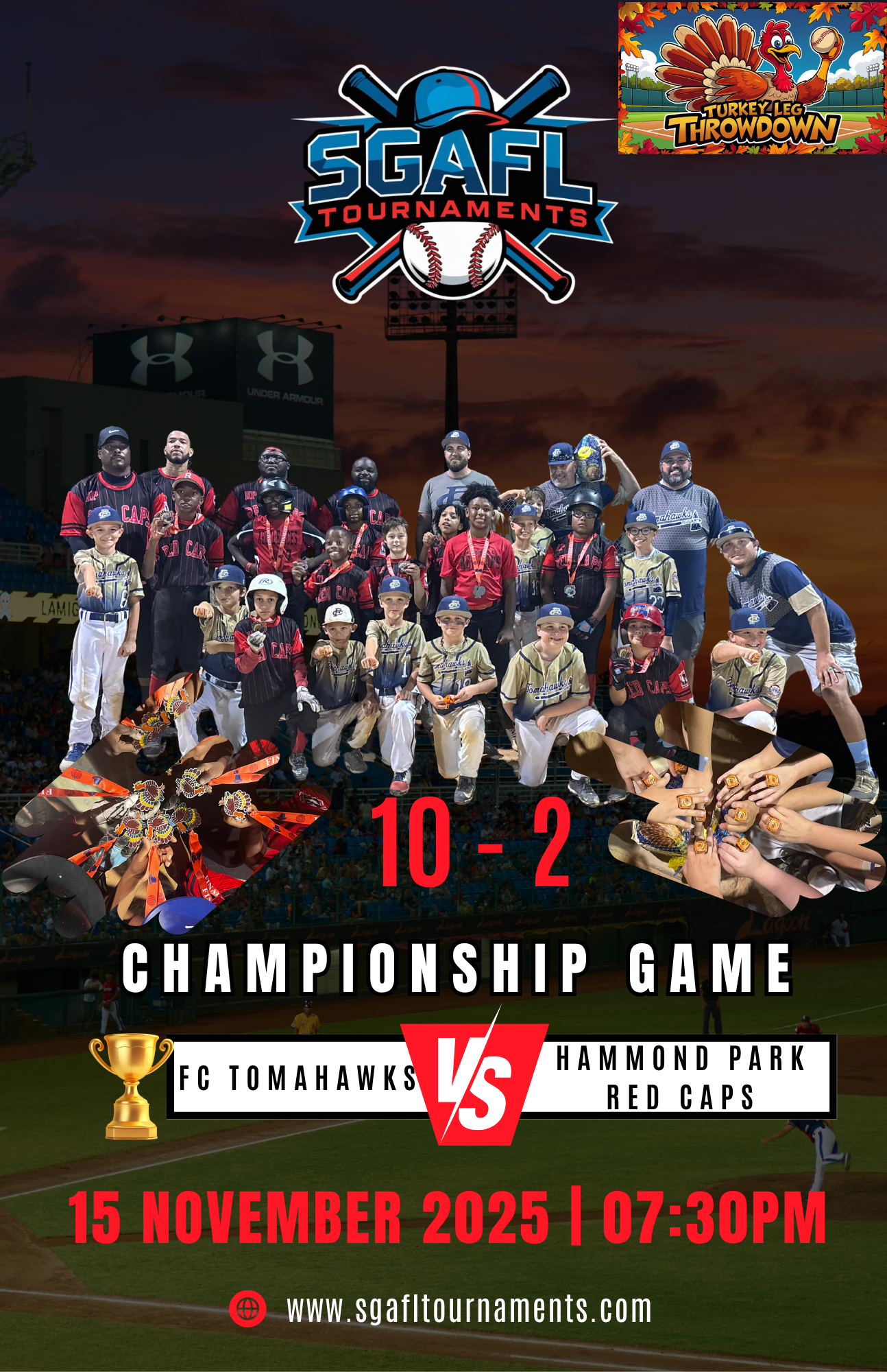 Poster for SGAF Tournaments baseball championship game between FC Tomahawks and Hammond Park Red Caps on November 15, 2025, at 7:30 pm, featuring a group of young baseball players, coaches, and fans, with logos, a baseball field, and decorative elements.