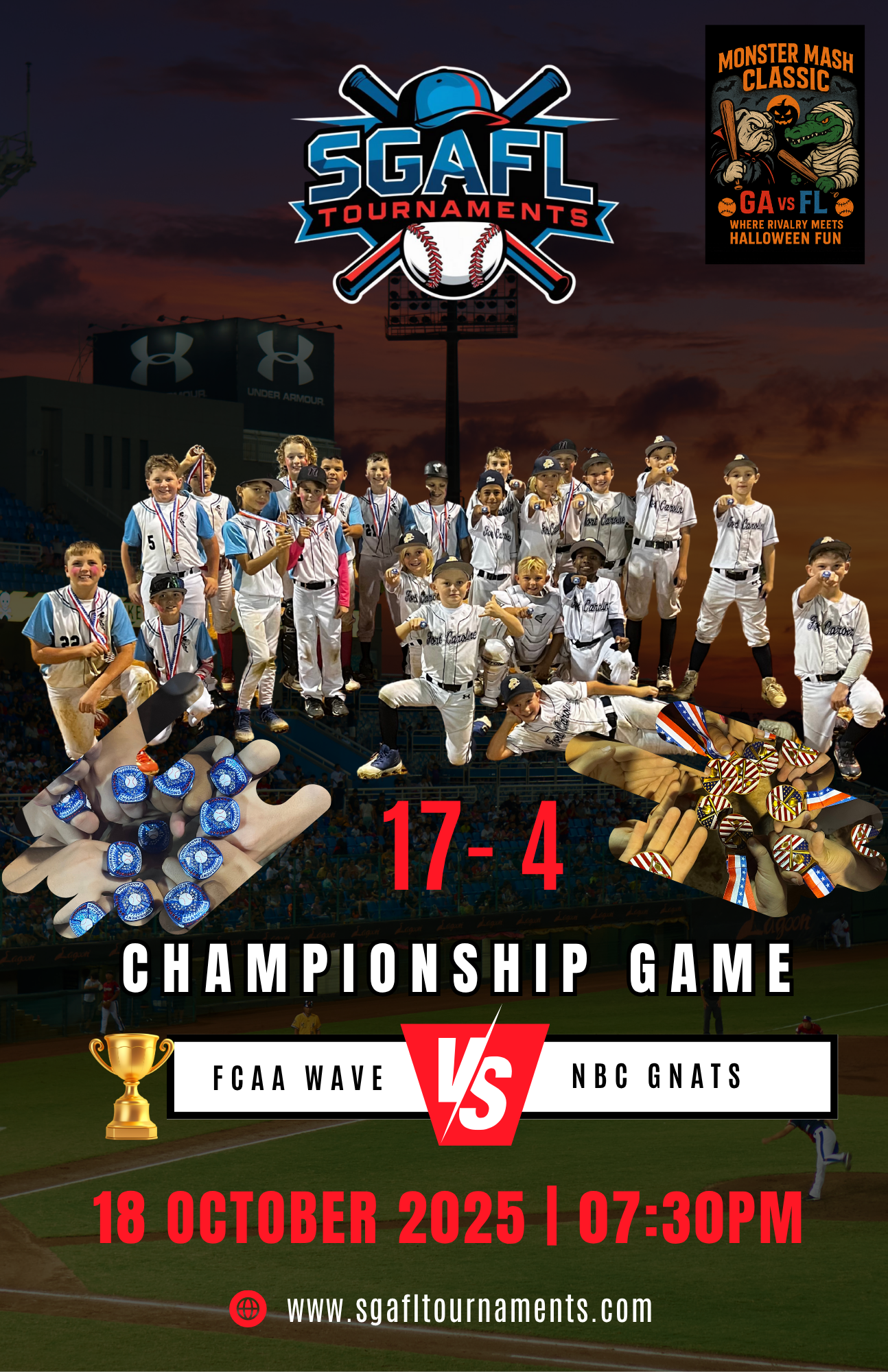Promotional poster for SGFL Tournaments baseball championship game between FCA Wave and NBC Gnats, scheduled for October 18, 2025, at 7:30 PM. The poster features a baseball team photo of children in uniforms, a sunset background, and various game-related graphics including baseballs, a trophy, fists with painted nails, and a monster mash Halloween-themed poster in the top right corner.
