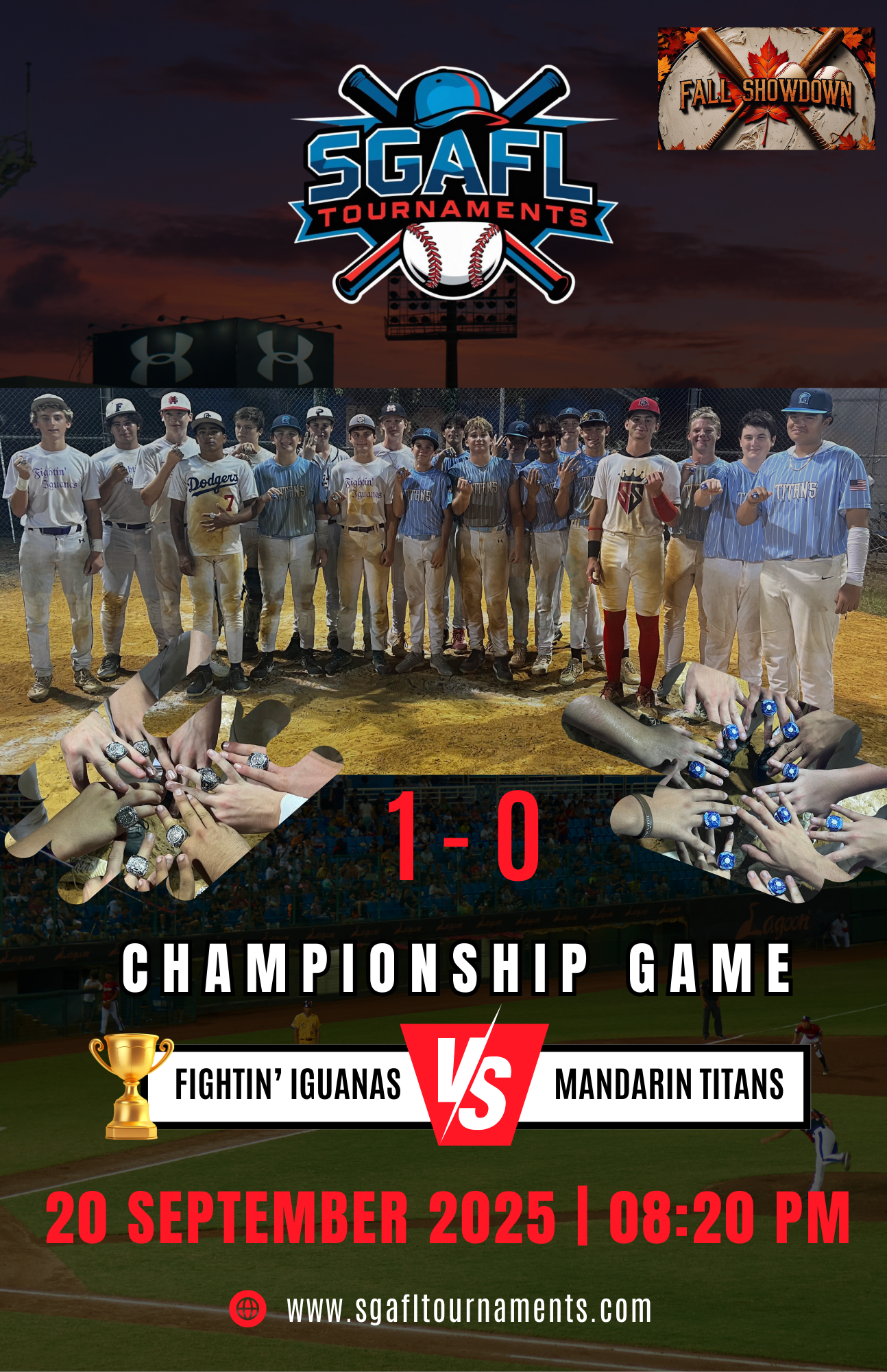 A poster promoting a baseball championship game between Fightin' Iguanas and Mandarin Titans, scheduled for September 20, 2025, at 8:20 PM. The poster features a group of young baseball players, a baseball field, and various graphic elements including a logo with crossed baseball bats and a baseball, hands with rings, and a trophy icon.