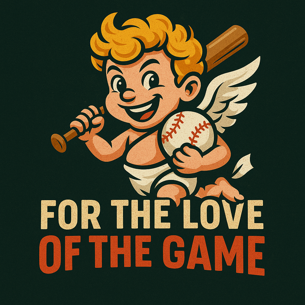 A cartoon character of a smiling young boy with curly hair, holding a baseball bat, a baseball with wings, and a tail, with the text "For the Love of the Game" below.