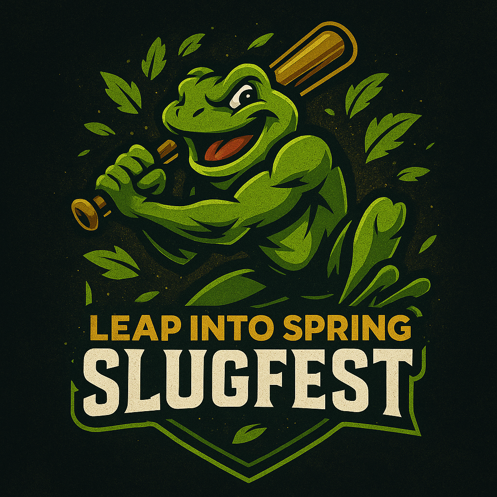A cartoon turtle with a muscular build, holding a baseball bat, surrounded by leaves. Text reads "Leap Into Spring Slugfest."