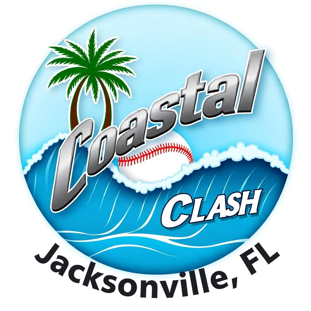 Logo for Coastal Clash featuring palm trees, ocean waves, and a baseball, with the text 'Coastal Clash Jacksonville, FL.'