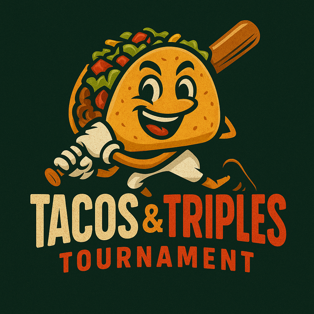 Logo for Tacos & Triples Tournament featuring a happy cartoon taco with a smiling face, holding a baseball bat, surrounded by colorful toppings on its shell.