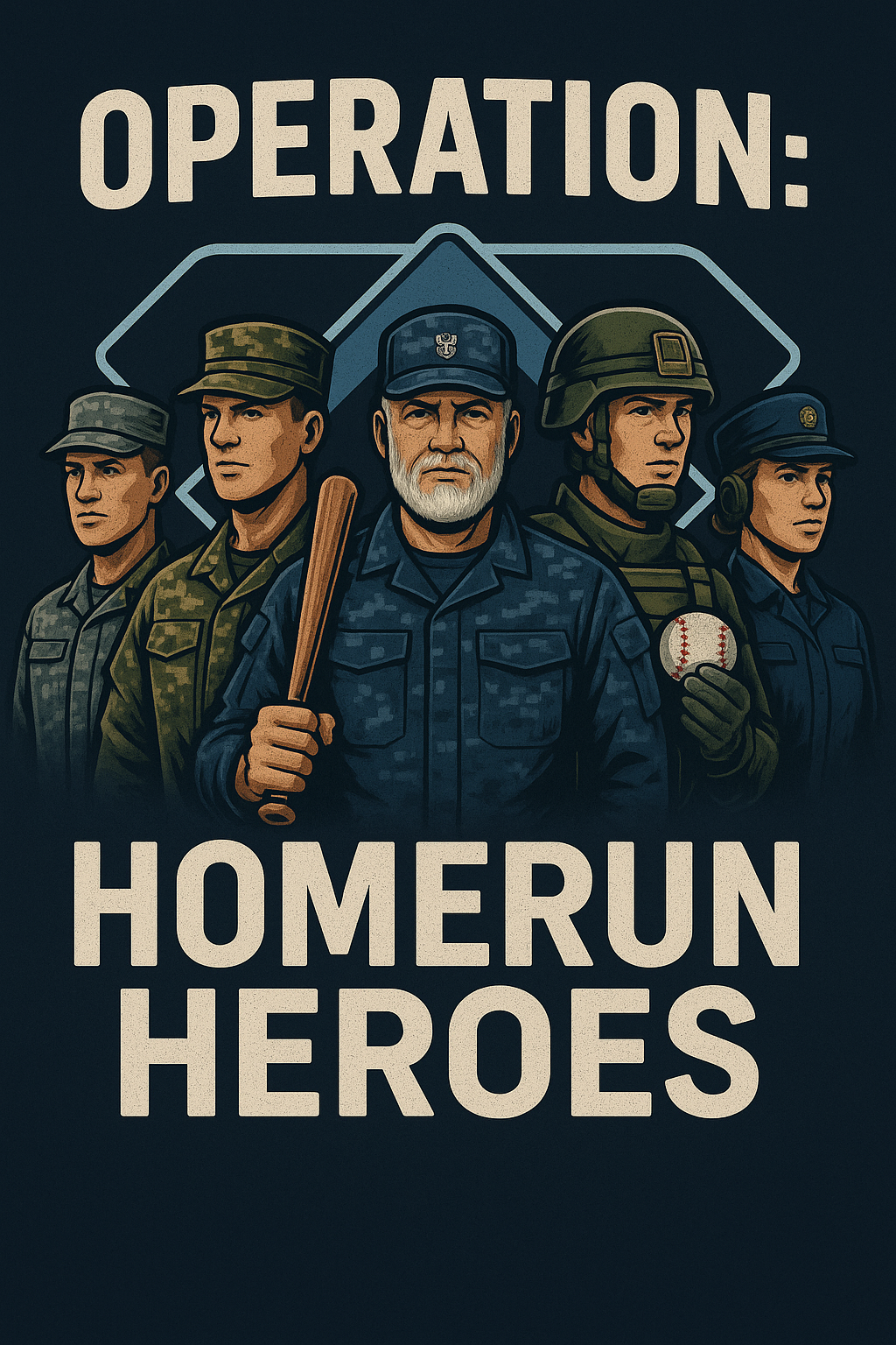 Illustration of five baseball players dressed in military uniforms, holding baseball equipment, with the words 'Operation: HomeRun Heroes' above and below them.