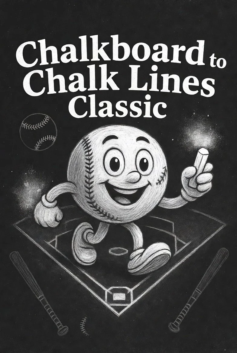 Chalkboard drawing of a baseball character with a smiling face, holding a chalk, standing on a baseball diamond, with a baseball and two baseball bats sketched around. The text reads "Chalkboard to Chalk Lines Classic."