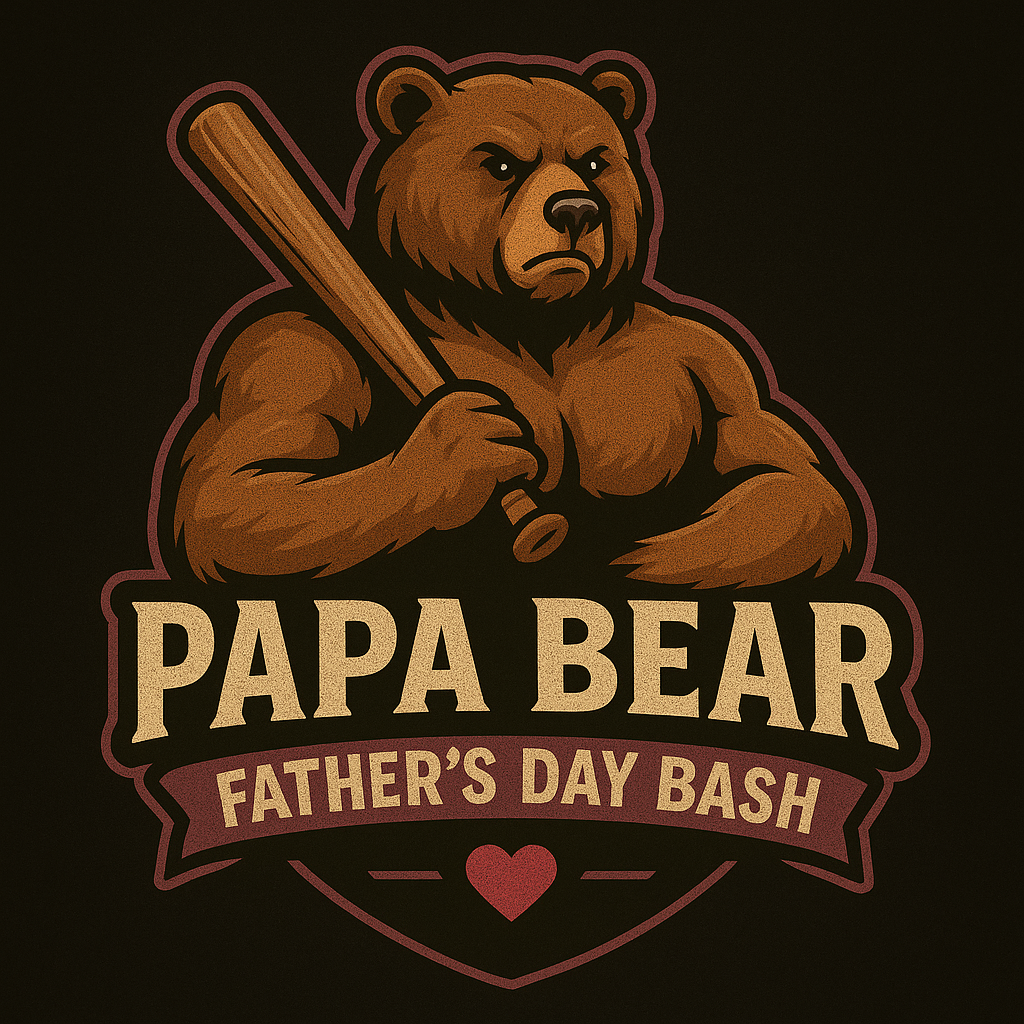 Illustration of a muscular bear holding a baseball bat with the text 'Papa Bear Father's Day Bash' and a small heart symbol.
