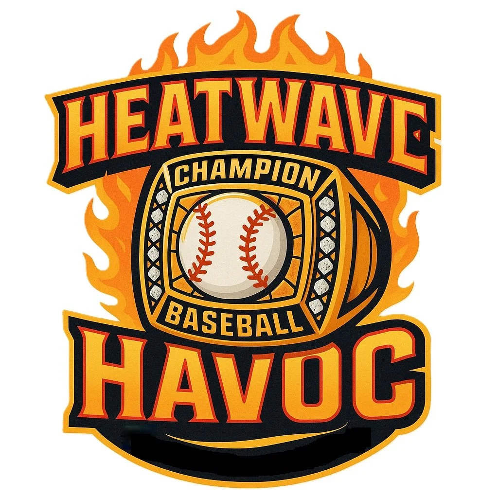 Logo for Heat Wave Baseball Champions Havoc featuring a baseball surrounded by flames.