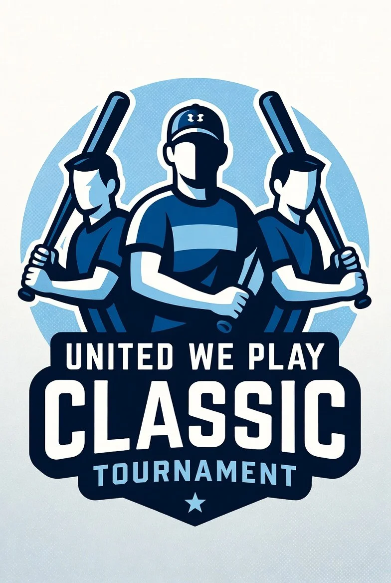 Illustration of three baseball players holding bats, with the text "United We Play Classic Tournament" underneath.