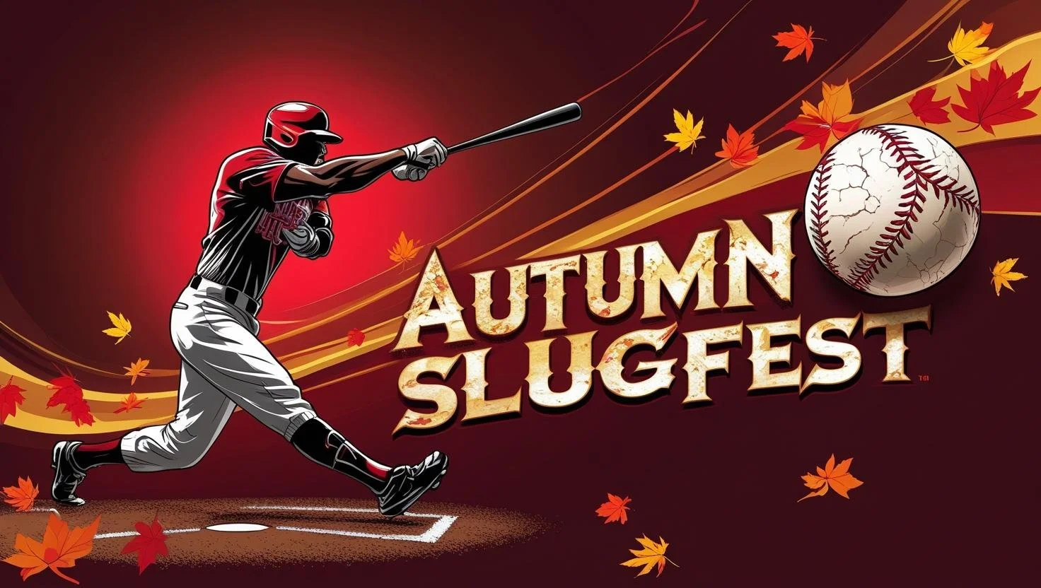 Illustration of a baseball player swinging a bat, with autumn leaves and the text 'Autumn Slugfest' along with a cracked baseball.