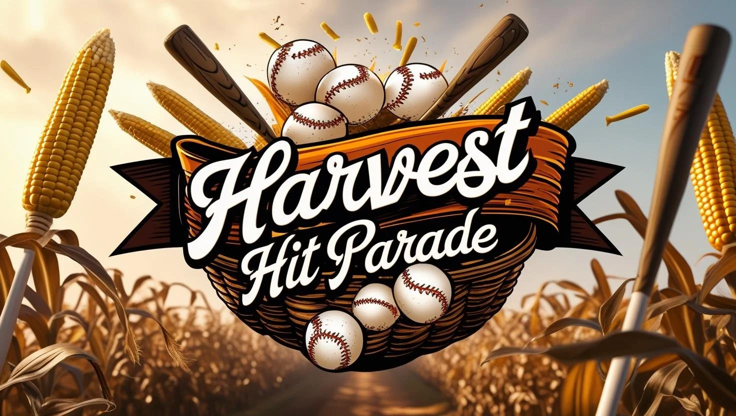 A banner for 'Harvest Hit Parade' with baseballs, corn cobs, baseball bats, and a golf club emerging from a basket against a sunset background in a cornfield.