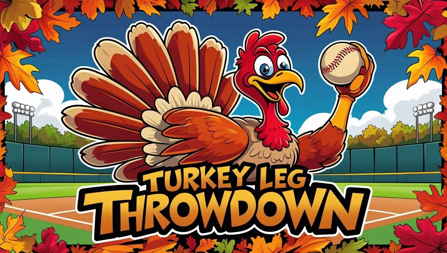 A cartoon turkey holding a baseball on a baseball field during autumn with fall leaves surrounding the scene, promoting the Turkey Leg Throwdown event.
