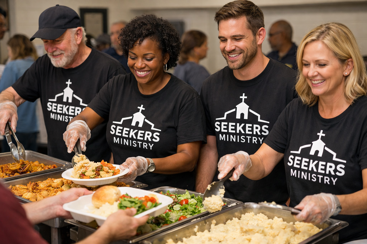 People serving food at a community meal event wearing black t-shirts with 'Seekers Ministry' logo