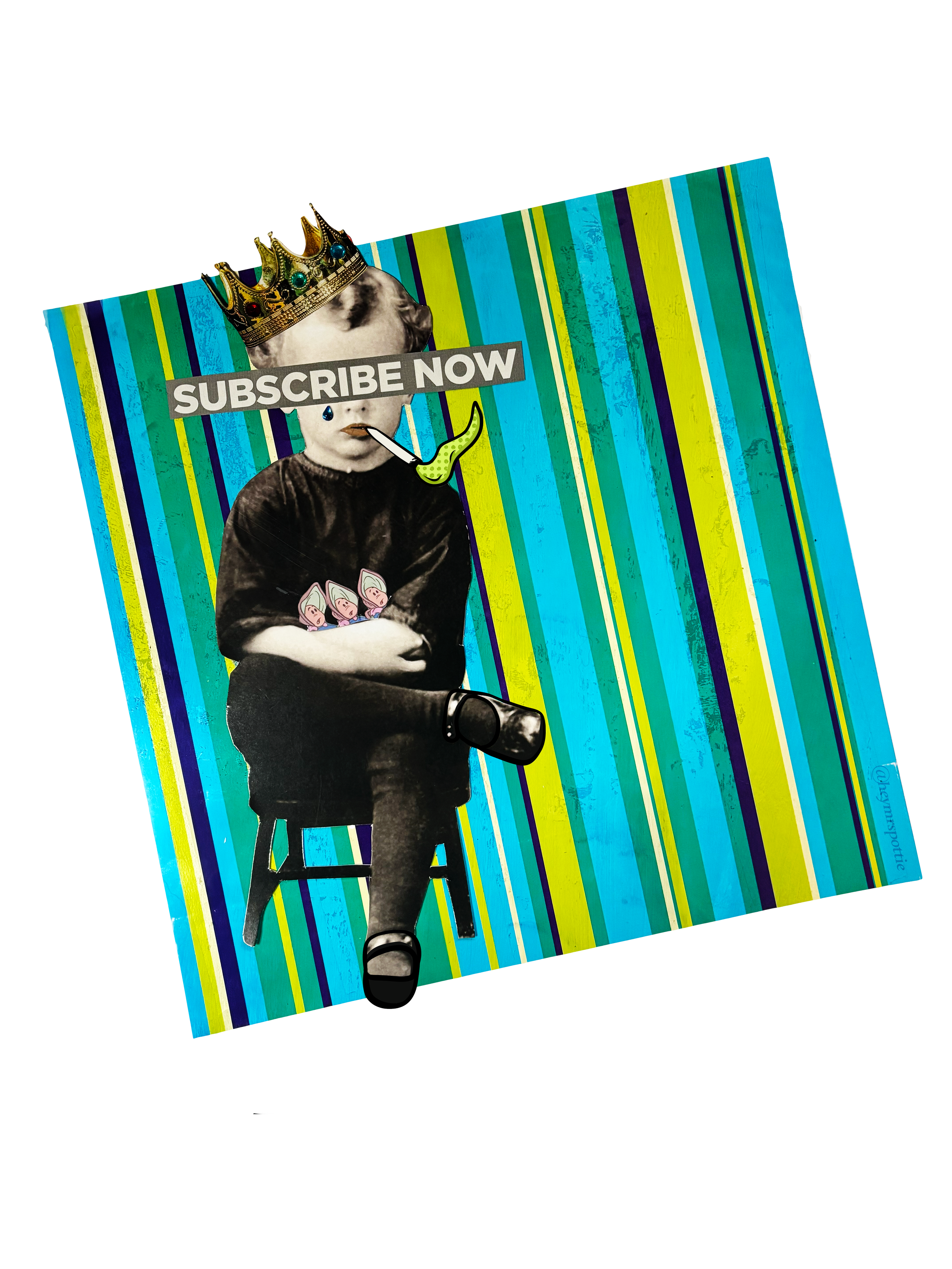 Collage of vintage black-and-white person sitting on a chair with one leg crossed, colorful striped background, a crown on their head, a joint in their mouth, and a 'SUBSCRIBE NOW' banner across their eyes.