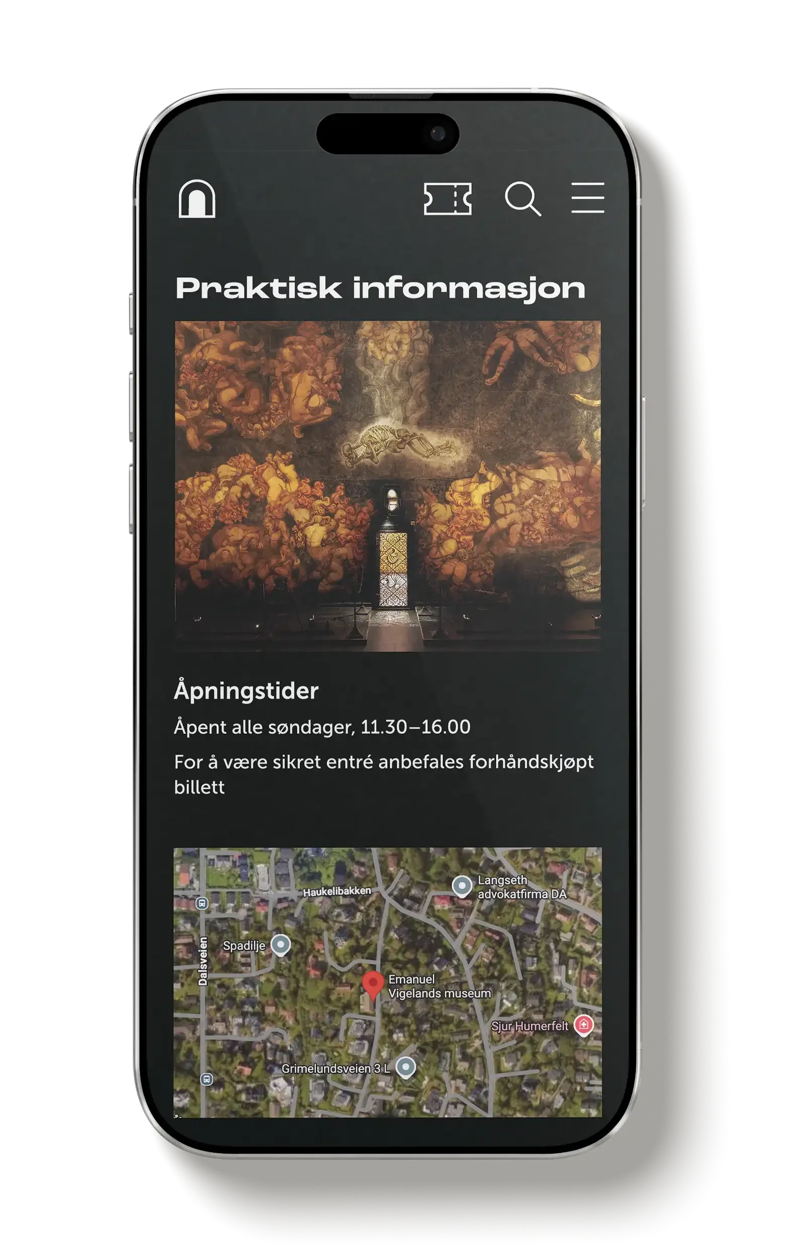 Mobilmockup av praktisk informasjon