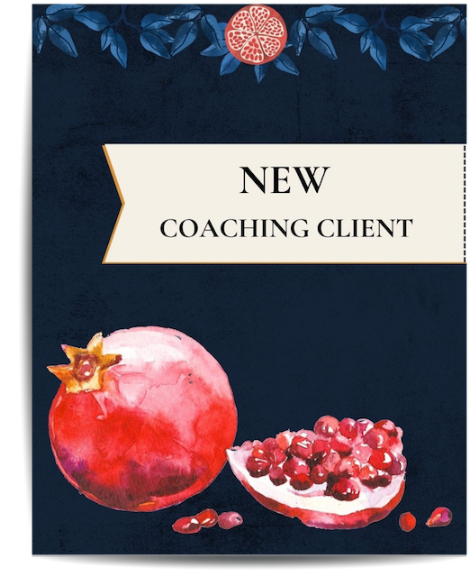 Pomegranates on dark background. Says "NEW Coaching Client"