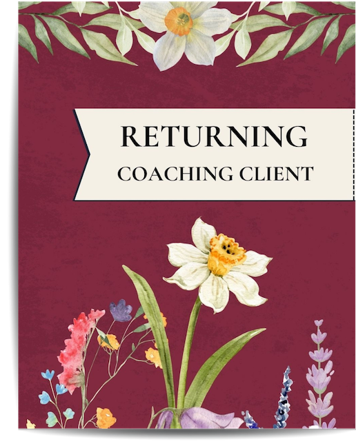 Wildflowers and two daffodils on red background. Says "Returning Coaching Client"