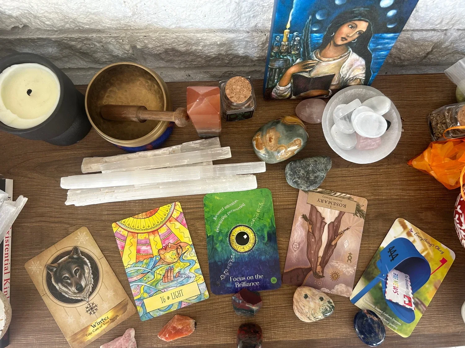 oracle cards, tibetan singing bowl, selenite, rhodochrosite, ocean jasper, sodalite, fancy jasper, red jasper, polychrome jasper crystals
